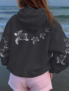 SHEIN 少女炭灰色休闲海岸海龟图案宽松舒适卫衣，适合秋冬季节穿着，舒适百搭，适合秋季叠穿，时尚休闲，图案卫衣，秋季，凉爽舒适 - 彩色 - 查看 3