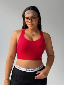 Rhythm Era 大码纯色宽肩带无袖短款合身休闲运动文胸 - 酒紅色 - 查看 3