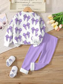 SHEIN Leap Crew Bộ 2 quần nỉ cổ tròn in nơ cổ điển thường ngày cho bé gái tuổi teen, thoải mái cho mùa thu/đông - Nhiều màu - Xem 3