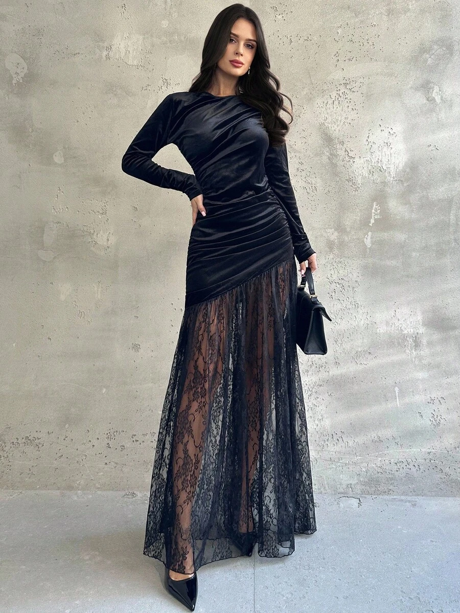 Firerie Váy maxi dài tay ôm dáng xếp nếp bằng vải nhung đen thêu ren dành cho nữ, Váy ren thêu, Váy đi làm thanh lịch, Váy phong cách Gothic cổ điển, Xuân/Thu/Đông, Thanh lịch, Đi làm, Hẹn hò, Tiệc tùng, Đám cưới, Tốt nghiệp, Biểu diễn, Hòa nhạc, Công việc, Kỷ niệm, Sinh nhật - màu đen - Xem 1