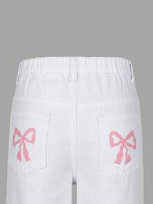 Sweetra Young Tween Girls Casual Fashion Light Blue Denim Color Butterfly Print Loose Wide Leg Relaxed Fit Comfortable Daily Versatile Washed Denim Pants Pink Bow Jeans Pants Y2k