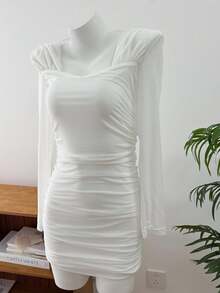 DAZY 女士甜心领紧身鸡尾酒会礼服，带臀部包裹，生日，除夕夏季长袖连衣裙舞会礼服