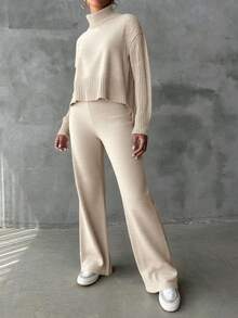 EURMUSE 女士純色高領毛衣2件套 - 杏色 - 查看 5