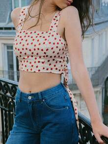 SHEIN Unity Square Neck Satin Vintage Floral Print Bustier Top With Tie Front And Zip Back Vacay - Multicolor - View 6