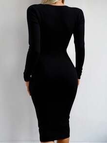 EURMUSE Sweetheart Neck Ribbed Knit Jumper Dress - Black - View 2