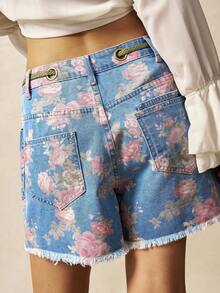 Bohemela Shorts sueltos de estilo campestre y vacacional bohemio con estampado tejido de mezclilla para mujeres