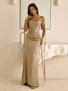 Vowa Falda ajustado elegante y vintage con pliegues de satén, cintura de sirena, cuello con volantes, decoración de cadena de perlas y cinta, adecuada para cóctel, gala, baile, festival, cumpleaños, vestido formal de mujer