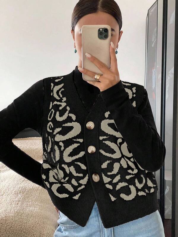 Siren Gaze V-Neck Jacquard Leopard Print Knitted Vest, Casual For Autumn/Winter
