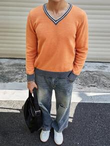 Manfinity CasualKnits 男士条纹板球毛衣 男士毛衣上衣 男士 V 领毛衣 橙色针织毛衣 男士橙色毛衣 男士针织上衣，秋冬 - 彩色 - 查看 2