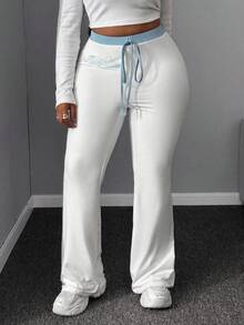 Maweii Plus Size Women Elastic Waist Printed Flare Leg Casual Sweatpants - White - View 3