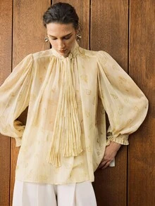 EMERY ROSE 女式法式荷叶边领迷你围脖领灯笼袖衬衫 - 杏色 - 查看 2