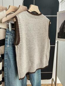 Franclia Casual Loose Crew Neck Sleeveless Knit Contrast Trim Khaki Sweater Top For Women, Spring/Autumn - Brown - View 2