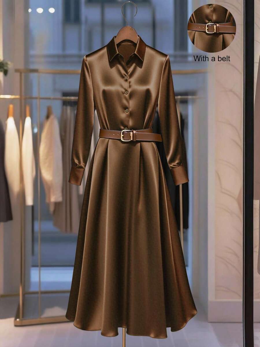 Franclia 新款收腰长款舞会礼服领女式连衣裙，春秋季 - 棕色 - 查看 1