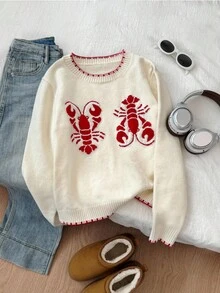 Elamini Women's Casual Lobster Pattern Jacquard Knit Sweater, Autumn/Winter