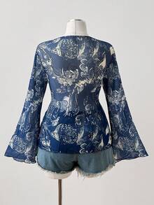 Sunspun Áo crop top tay dài dáng rộng cổ chữ V in họa tiết hoa màu xanh phong cách Bohemian, size lớn - Màu xanh lam - Xem 2
