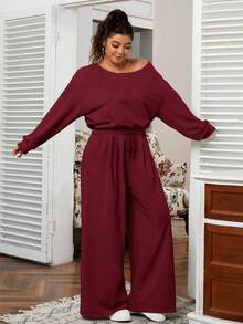 SHEIN EZwear 加大码纯色不对称领运动衫和运动裤两件套 - 酒紅色 - 查看 3