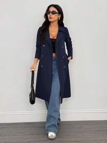 SHEIN PETITE Women's Retro Long-Sleeved Trench Coat,Winter,New Year Eve,Business Long Outerwear Trench Coat,Winter - Navy Blue - View 3
