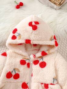 2 pièces/Set Nouveau Bébé Fille Hiver 2025 Cardigan à capuche zippé avec imprimé cerise en fausse fourrure et Top moelleux & Pantalon de couleur unie décontracté - Multicolore - Voir 8