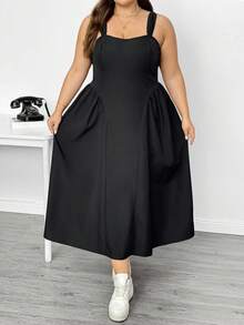 SHEIN CURVE+ Plus Size Women Gothic Vintage Palace Style Elegant Pleated Slip Dress, Suitable For Graduation, Waist-Cinching, Birthday Dress