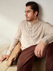 Manfinity Homme 男士时尚休闲粗针织纽扣毛衣，老式风格毛衣半襟纽扣针织休闲毛衣适合上班、工作、外出、约会、购物、秋季 - 彩色 - 查看 4