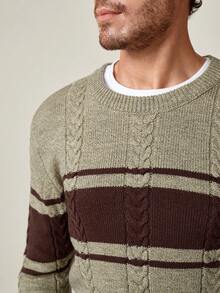 Manfinity Homme Men's Contrast Color Cable Pattern Crew Neck Long Sleeve Sweater, Autumn, Old Money - Multicolor - View 2