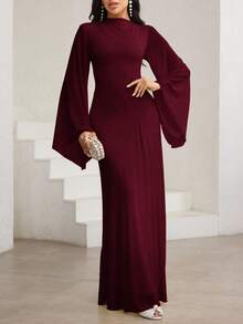 Veilorie Váy tay loe màu vàng mù tạt thanh lịch, cổ bẻ nhún bèo bất đối xứng - Màu Đỏ Sâu - Xem 3