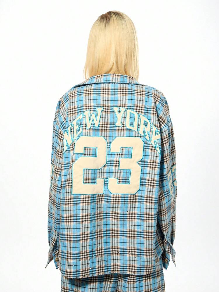 SUMWON WOMEN Oversized Plaid Shirt With Rhinestone Applique