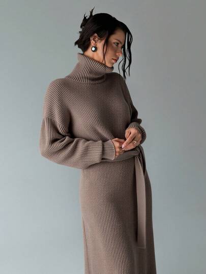 CasuGlow Women High Turtleneck Neck Loose Fit Sweater Dress Belted Knit Maxi Dress Long Knit Dress Brown Turtleneck Dress Long Sleeve Maxi Dress,Winter Dresses