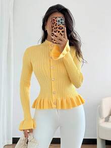 Rafferiza Women's Soft Yellow Cardigan,Autumn Elegant Tea Party Turtleneck Long Sleeve Ruffle Trim Fitted Button-Front Casual Commuting Business Office Daily - Yellow - View 7