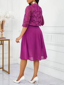 SHEIN Lady 女士优雅纯色蕾丝无袖上衣和连衣裙两件套，夏季生日和活动礼服/办公室礼服/教堂礼服/婚礼礼服/节日礼服/ - 紫色 - 查看 3