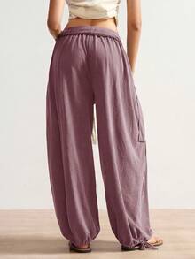 Bohemela Boho Solid Color Knit Loose Women's Pants, Casual Holiday