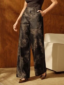 Anewsta Pantalones largos de mujer de cuero PU con tonos duales y efecto desgastado, versátiles para ir y venir, nuevos para otoño/invierno - Café integral - Ver 7