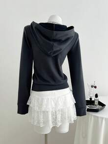 Elamini 秋季性感复古印花修身收腰短款女式卫衣 - 深灰色 - 查看 2