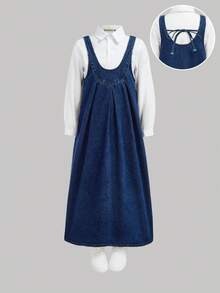 SHEIN Tween Girls Fashion Casual Soft Cute Navy Blue Denim Bowknot Pinafore Long Dress Fall Winter,Without Shirt,For Girls Dailywear Costume,Girls Streetwear Outfits,Halloween Outfits,Christmas Costume,Winter Clothes,Teen Dress - Dark Wash - View 2