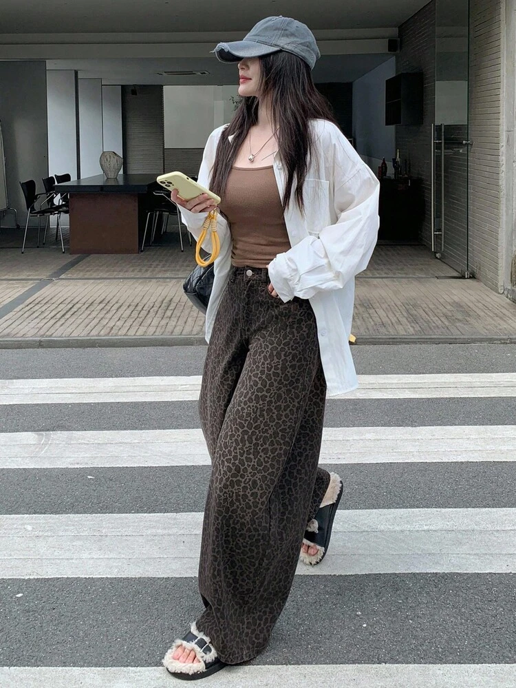 Women's Regular Waist Leopard Print Harem Jeans, Casual Street Style
