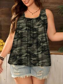 SHEIN CURVE+ Plus Size Camo Print Ruched Loose Spaghetti Strap Tank Top And Camisole, Suitable For Spring/Summersummer/Country/Beach Vacation Outfits/Beach Outfits/Beach Wear - Multicolor - View 5