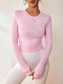 Sovereign Charm Maglietta sportiva da donna casual e versatile, in colore unito, con design a torsione e schiena traforata, adatta per yoga e primavera/autunno - Rosa - Visualizzare 3