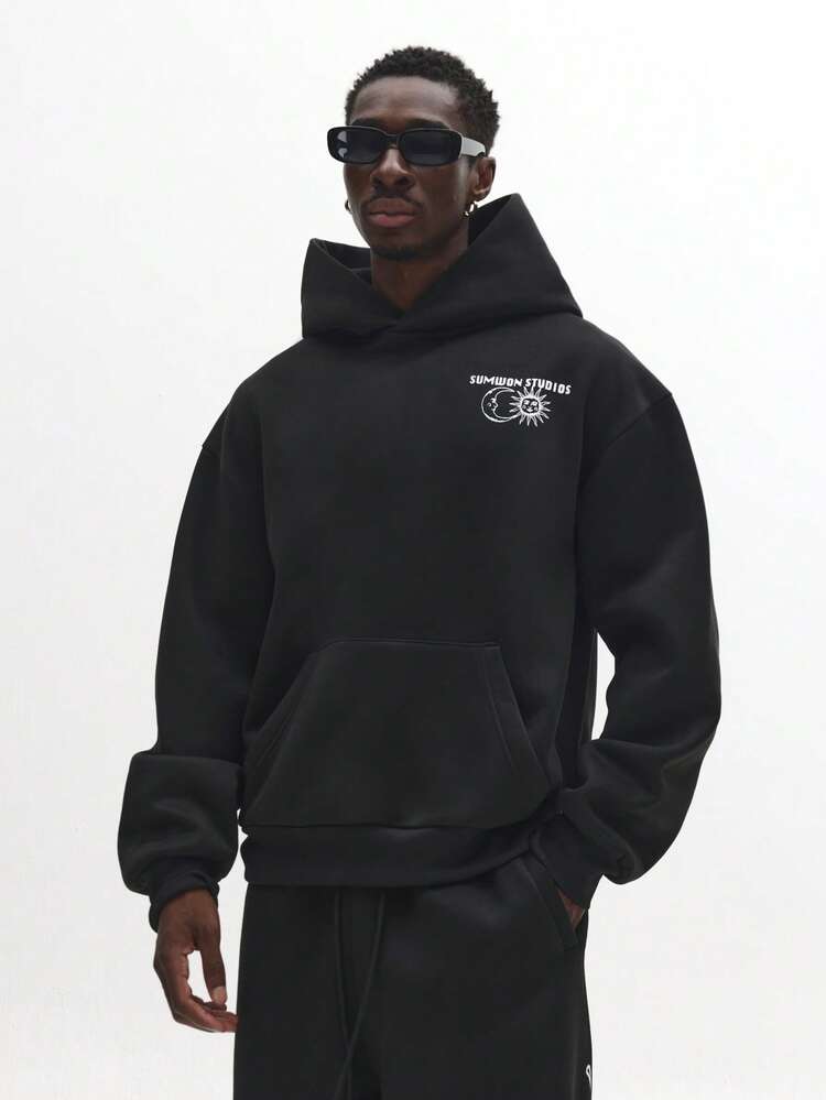 Oversized Hoodie With Sun Moon Graphics And Centre Pocket