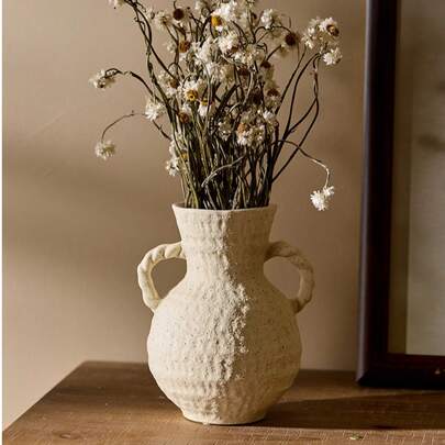 Cirelle Bohemian Ceramic Vase With Handles, Mini Rustic Flower Pot For Dry & Fresh Floral Arrangements, Farmhouse Chic Home Decor