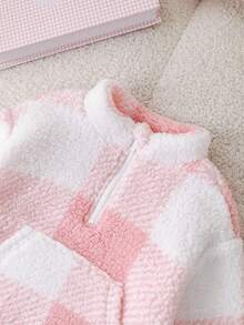 SHEIN 女婴可爱温暖格子羊毛领拉链连帽衫，适合外出，秋冬季（2 件母女配套服装单独出售）