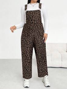 SHEIN Essnce Plus Size Women's Autumn And Winter Fashion Casual Loose Comfortable Daily Corduroy Brown Leopard Overalls,Women Bottom,Fall Outfits,Leopard Jumpsuit
