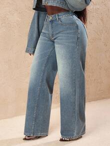 Slaydiva Plus Size Casual Washed Heart Pocket Wide Leg Jeans,Valentine's Day - Blue - View 7