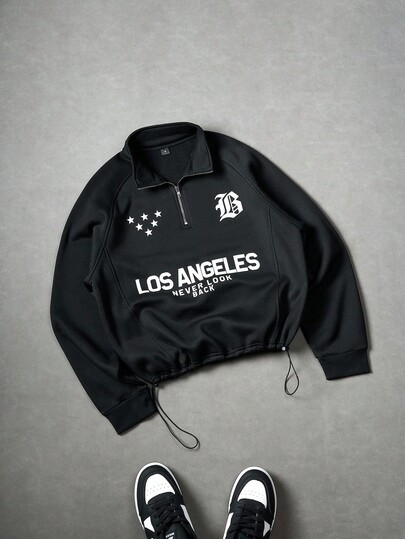 Manfinity Sporsity Men's Autumn Letter Print Raglan Sleeve Drawstring Hem Casual Pocket Pullover Hoodie