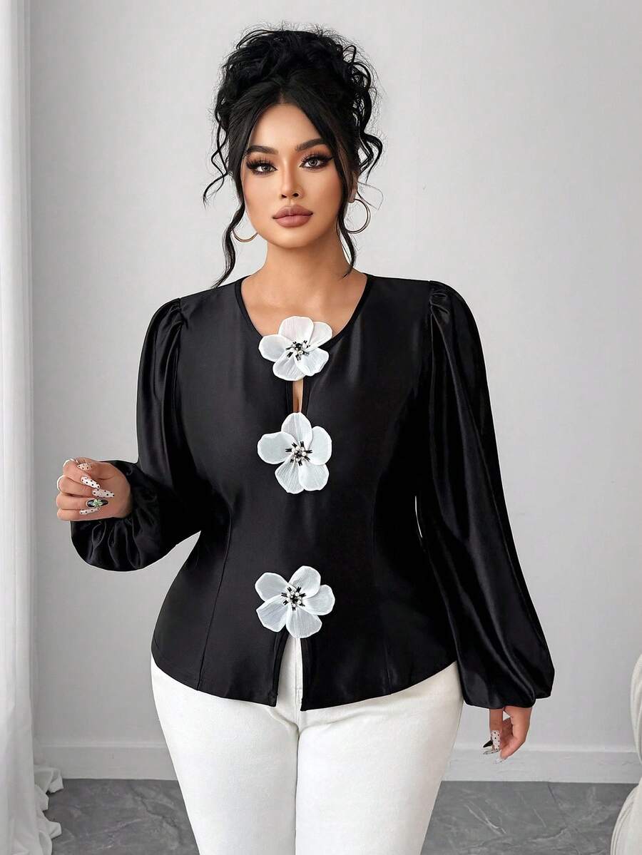 Elenzga Women's Elegant Casual 3D Floral Satin Long Sleeve Blouse