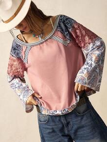 Bohemela BOHO Countryside Vacation Casual Knit Striped Patchwork Paisley Print & Contrast Lace Loose Blouse For Women - Coral Pink - View 2