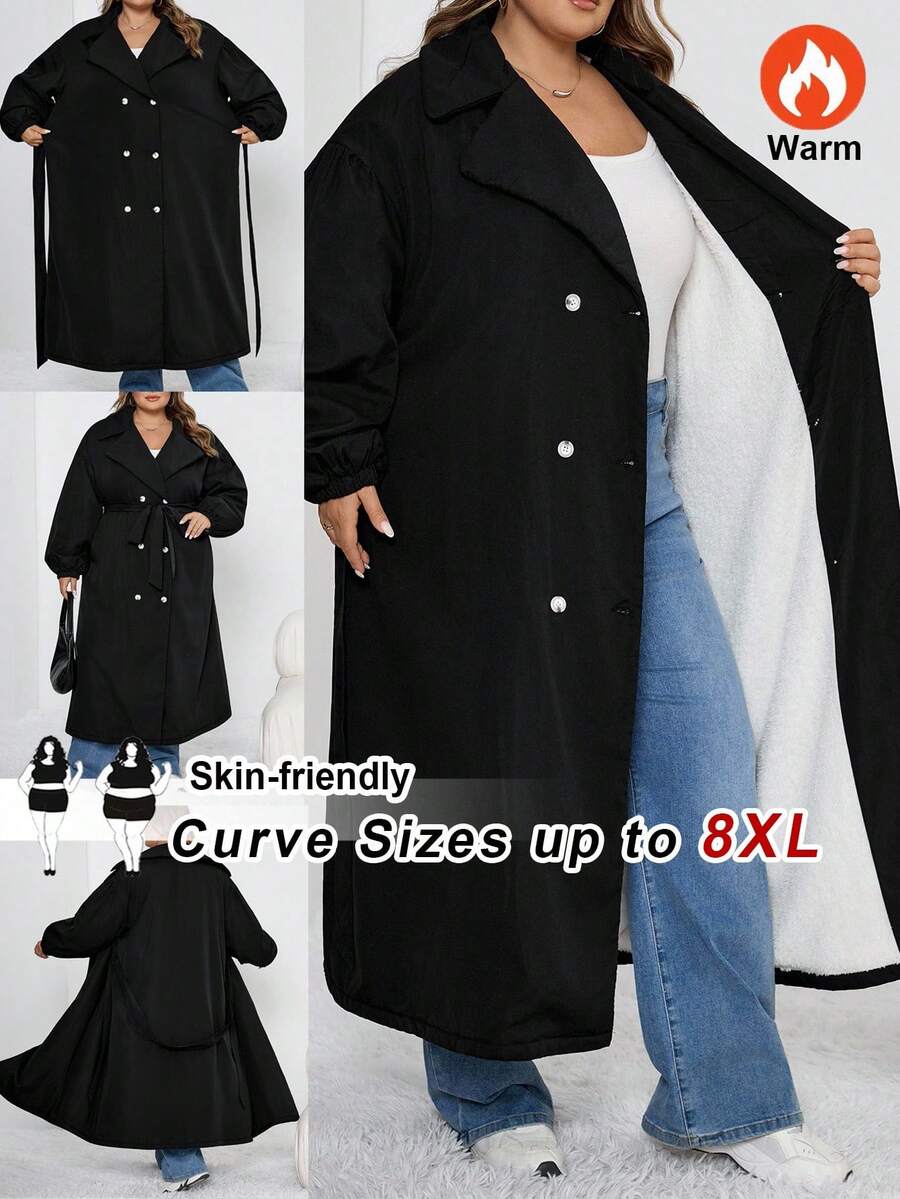 SHEIN CURVE+ 女士加大码黑色长款加厚保暖防风外套，黑色长袖简约休闲日常秋冬外套 - 黑色 - 查看 1