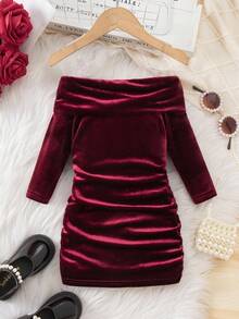 Babygirl 优雅天鹅绒红色长袖连衣裙 - 紅色 - 查看 3