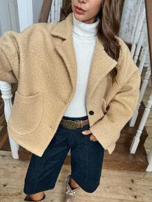 LanaWest Women's Apricot Pocket Contrast Button Loose Batwing Sleeve Short Overcoat - Khaki - View 1