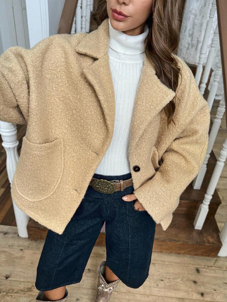 LanaWest Women's Apricot Pocket Contrast Button Loose Batwing Sleeve Short Overcoat - Khaki - View 1