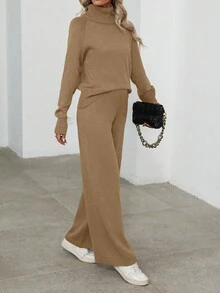 SHEIN LUNE 2pcs Women Casual Solid Color Turtleneck Raglan Sleeve Sweater And Knit Pants Set, Autumn/Winter - Camel - View 5